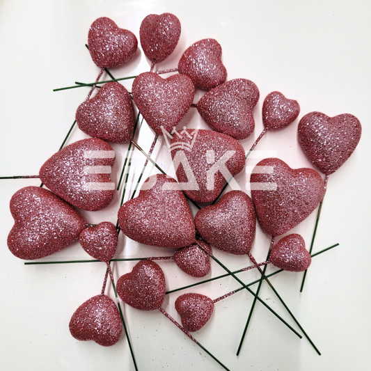 Dark Pink Glitter Faux Hearts - Set Of 20 Pieces