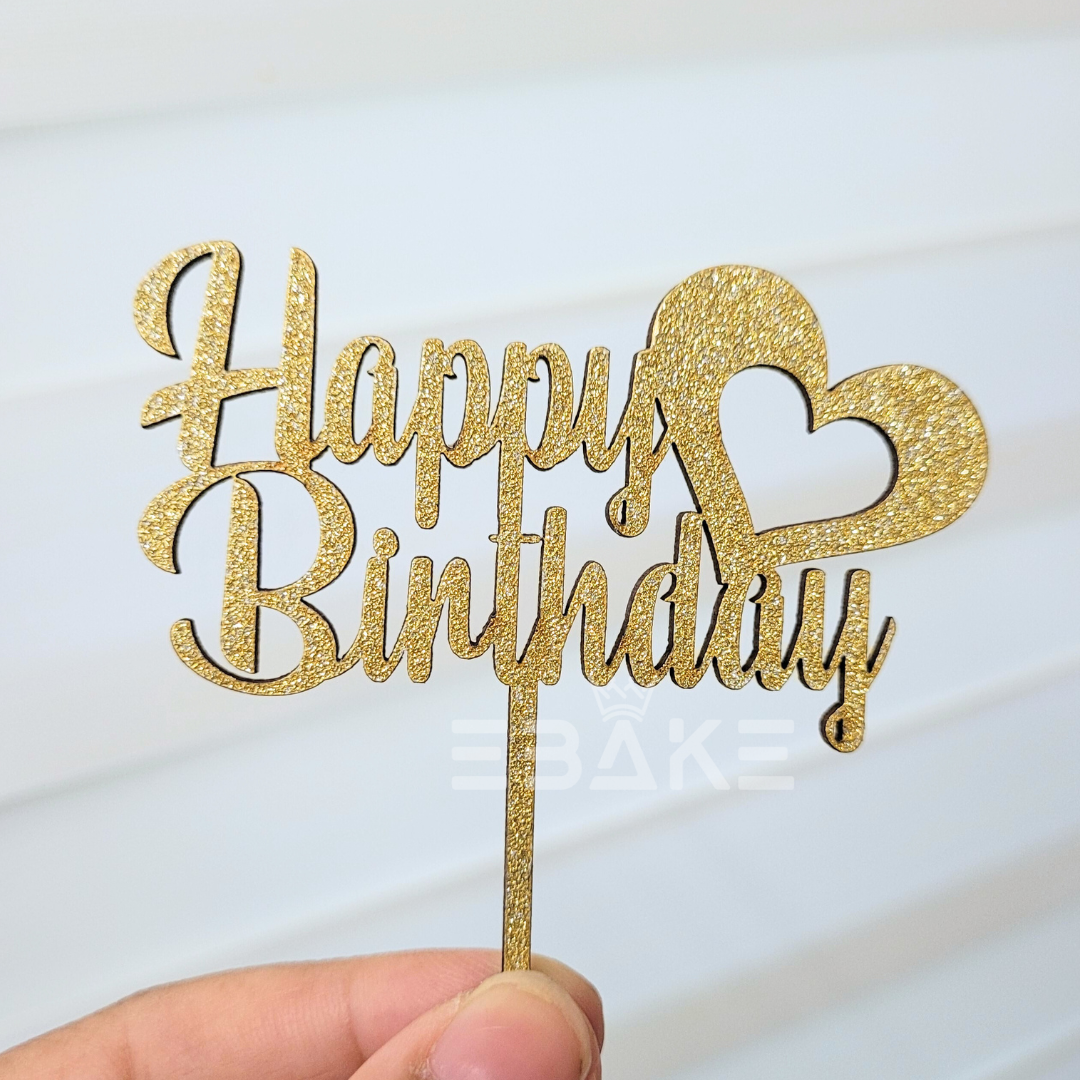 Happy Birthday Mini Topper Gold Glitter (Set of 6) MDF