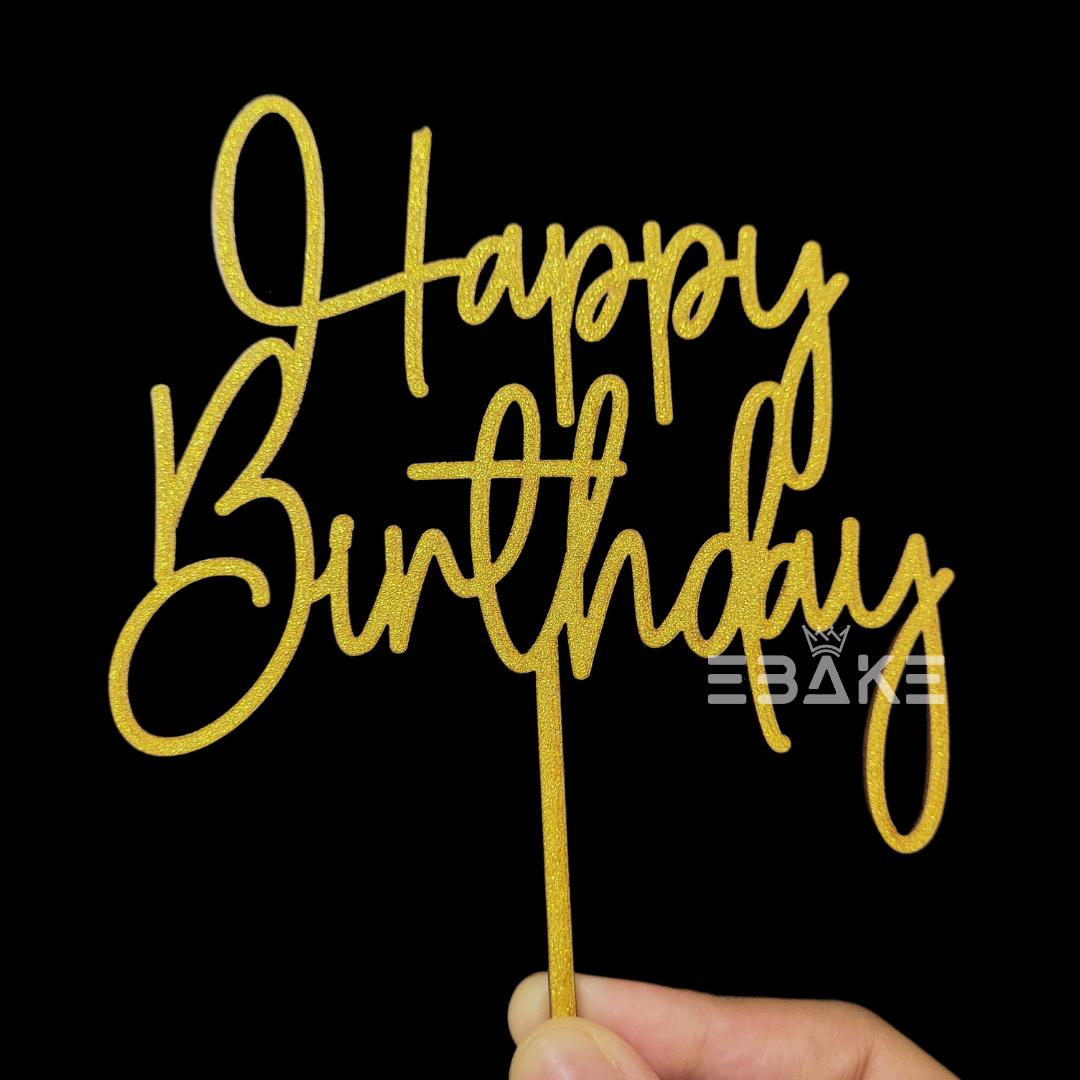 Happy Birthday Cake Topper Gold Shimmer MDF – EBAKE