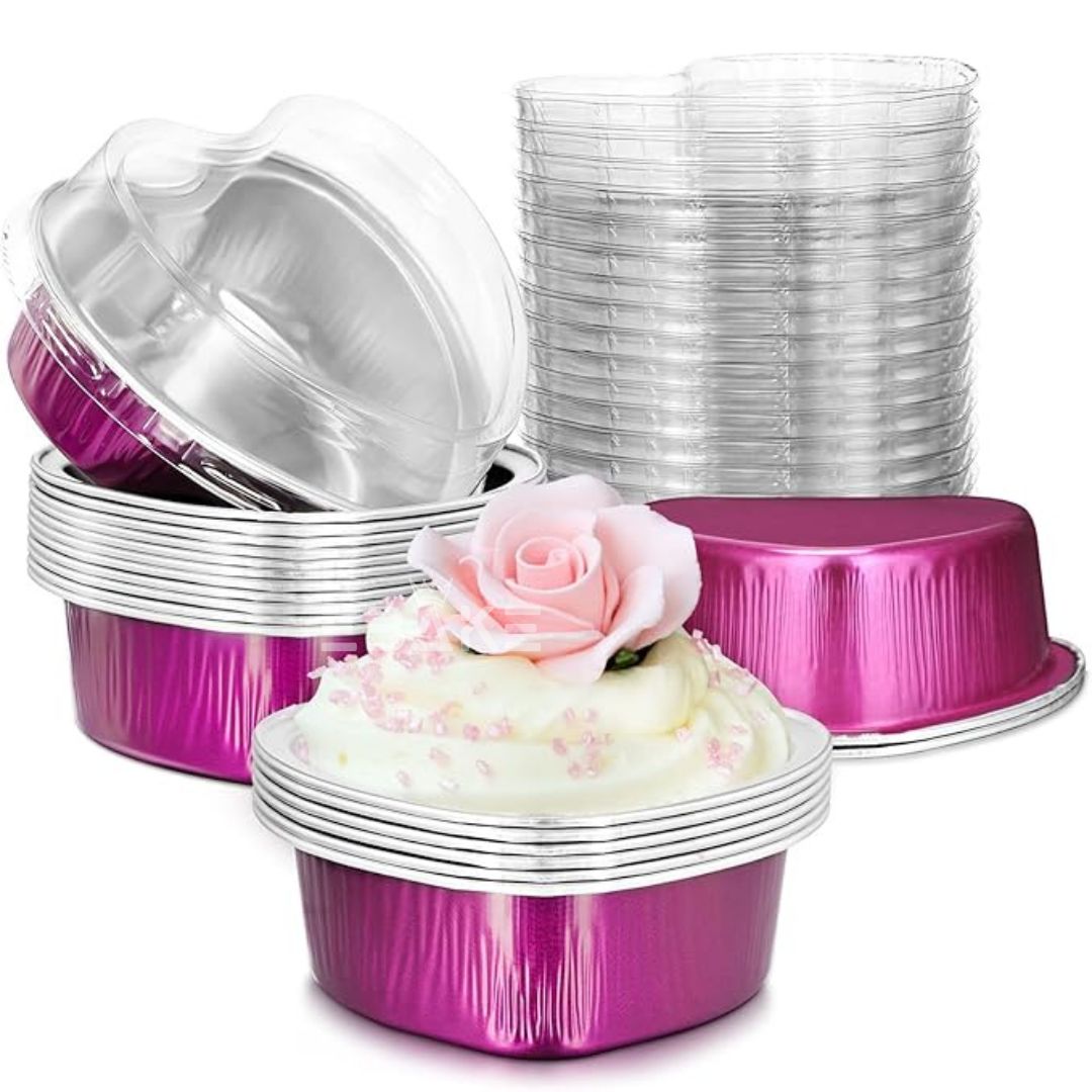 Aluminium Foil Magenta Heart Shaped Baking Cup With Lid