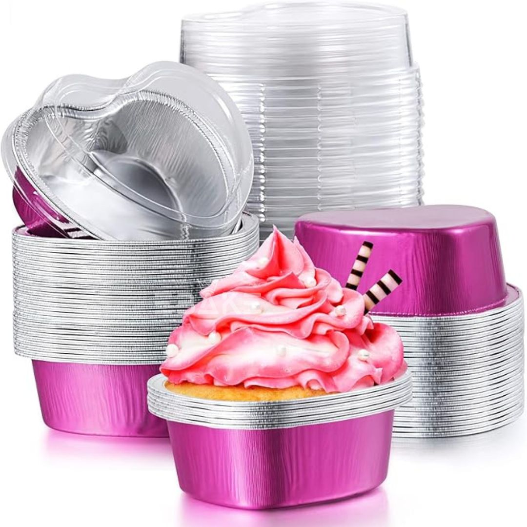 Aluminium Foil Magenta Heart Shaped Baking Cup With Lid