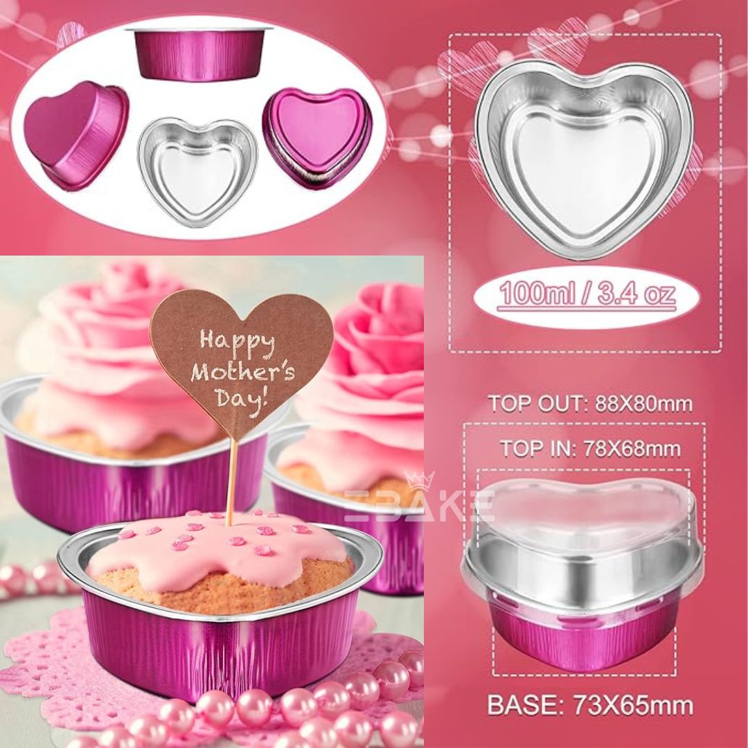 Aluminium Foil Magenta Heart Shaped Baking Cup With Lid