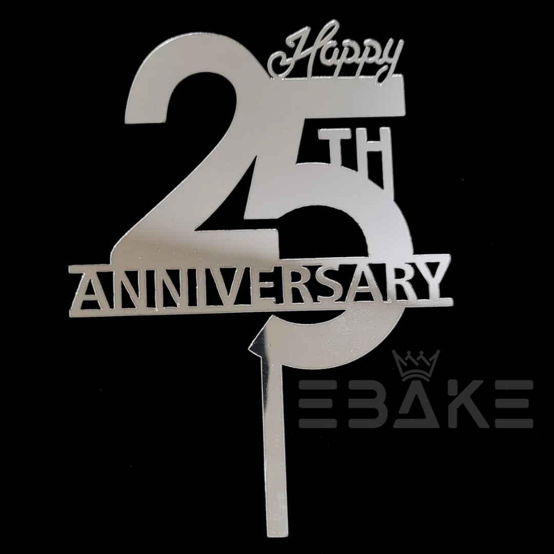 Happy 25th Anniversary Cake Topper 5 Inch Silver (Acrylic)