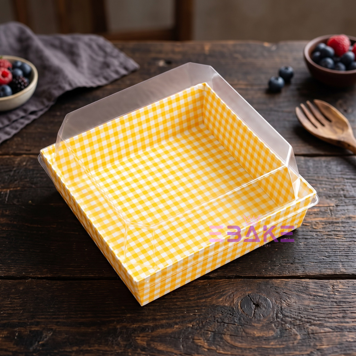 Square Container With Transparent Lid Yellow Gingham Pattern