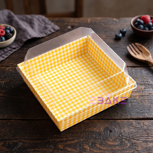 Square Container With Transparent Lid Yellow Gingham Pattern