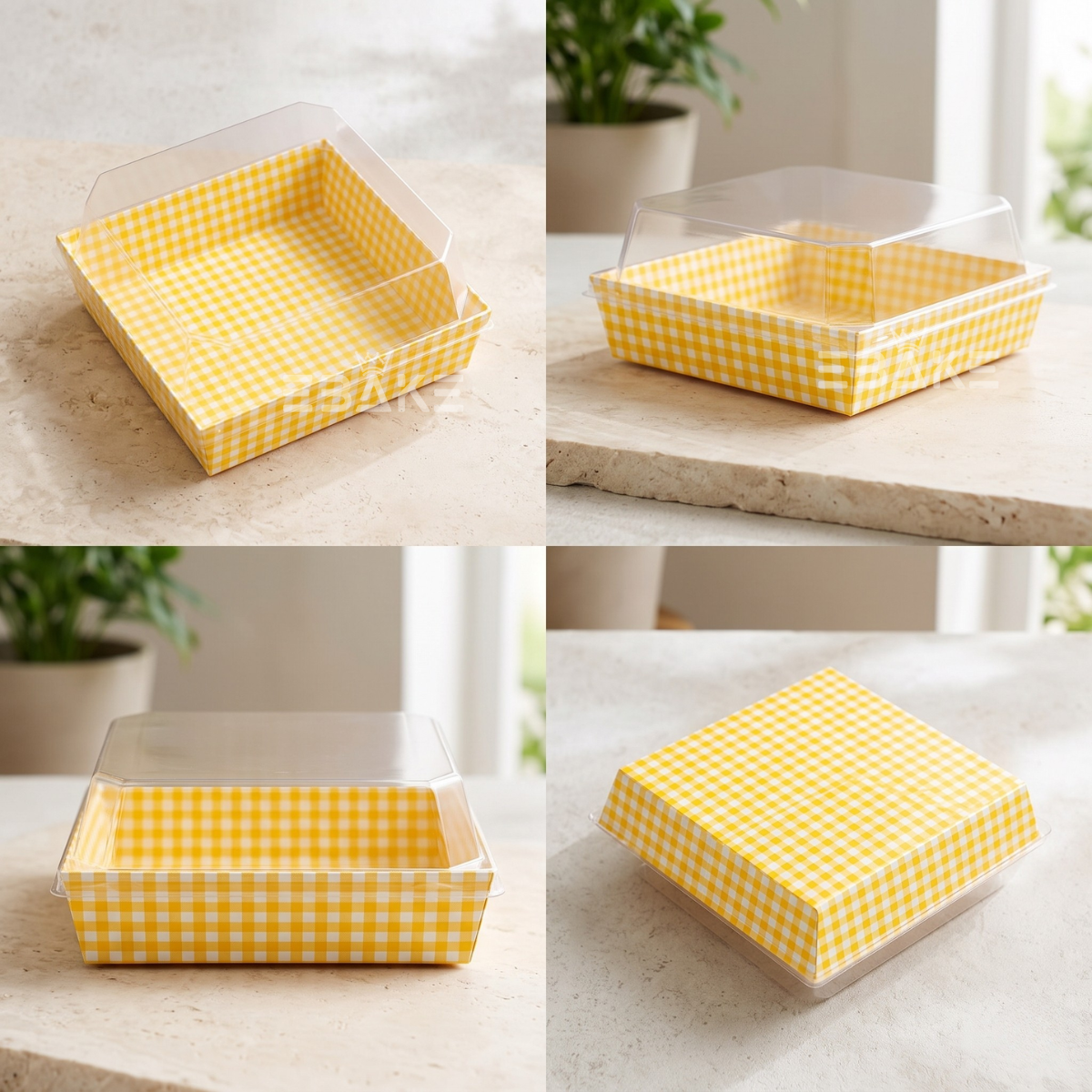 Square Container With Transparent Lid Yellow Gingham Pattern
