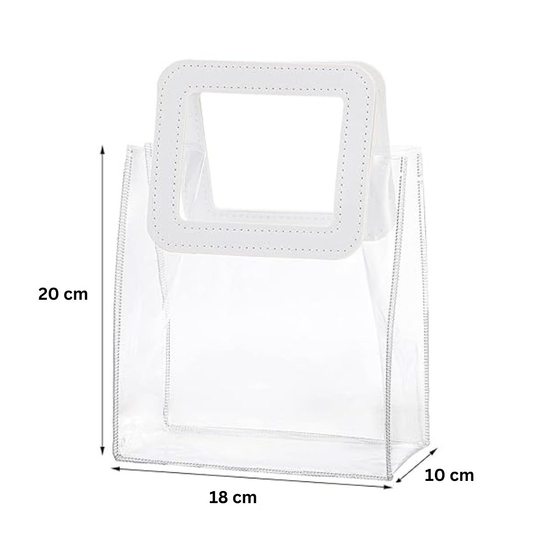 Medium Size Transparent PVC Hamper Bag/Goodie Bag (20x18x10 cm) Red Square Handle - Single Piece