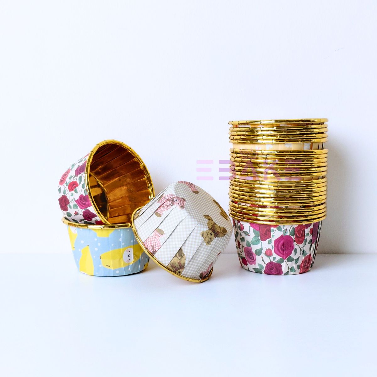 Imported Golden Lined Rolled Rim Muffin Cup / Cupcake Liners - Assorted Printed (Set of 24 pieces) Large