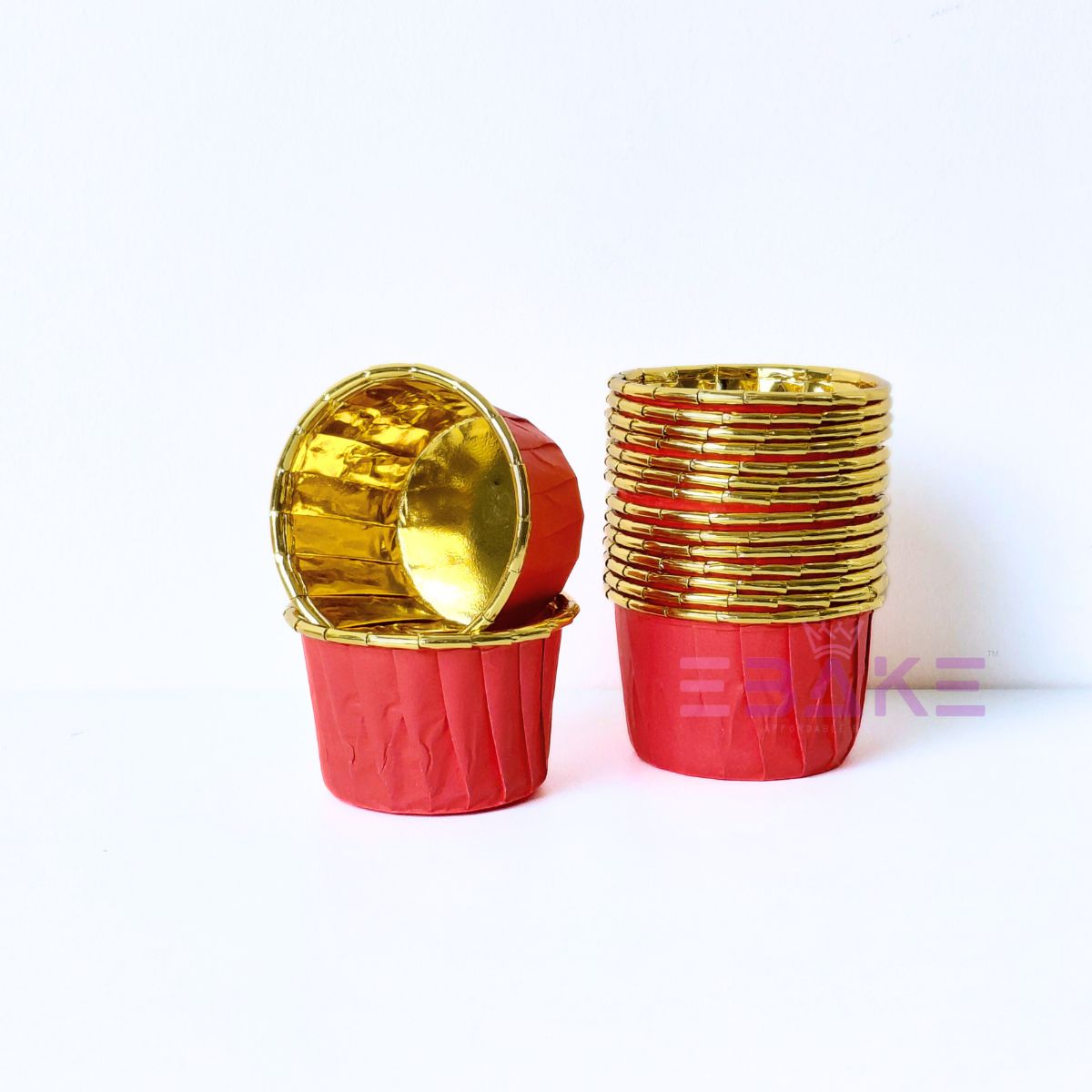 Small Imported Golden Lined Rolled Rim Muffin Cup / Cupcake Liners - Red (Set of 15 pieces)