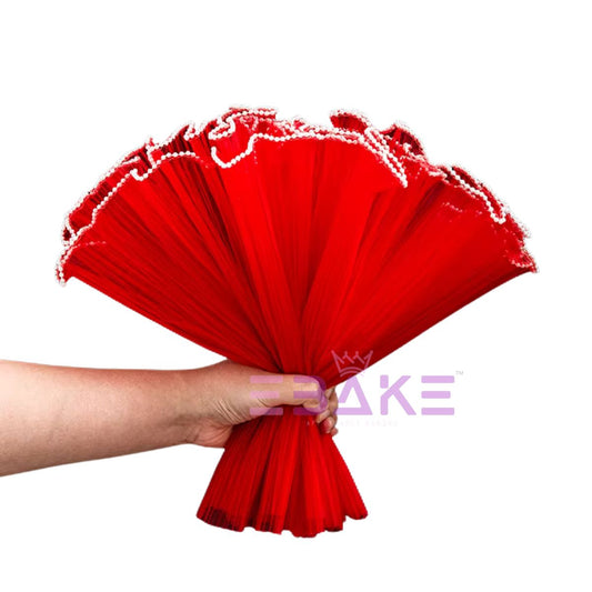 Red Pleated Pearl Net for Flower Bouquet Wrapping (Noor Net) Wrinkled Wave Mesh For Wedding Cake
