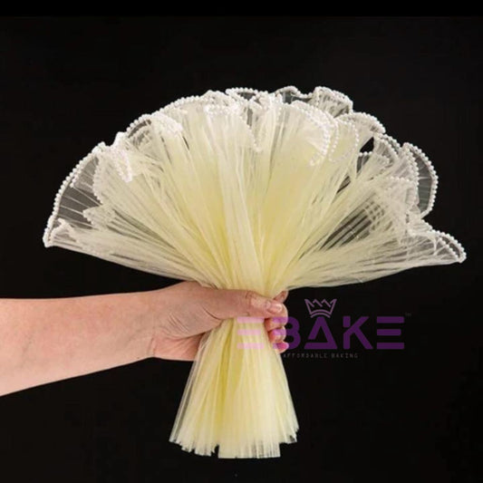 Off-white Pleated Pearl Net for Flower Bouquet Wrapping (Noor Net) Wrinkled Wave Mesh For Wedding Cake
