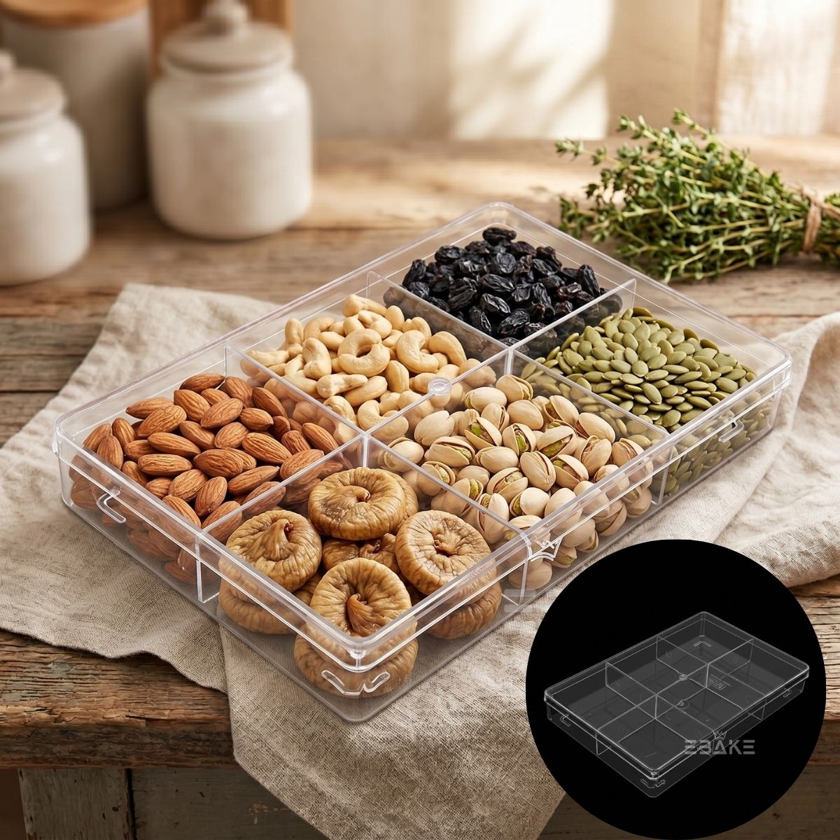 1 Litre Acrylic Dessert Box With Partition/ Nuts Tray / 6 Cavity Hamper Box