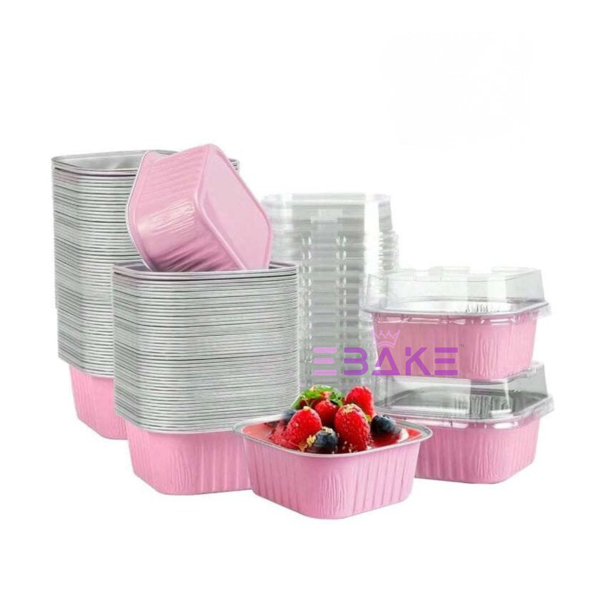 Aluminium  Foil Square Baking Cup With Lid Pink