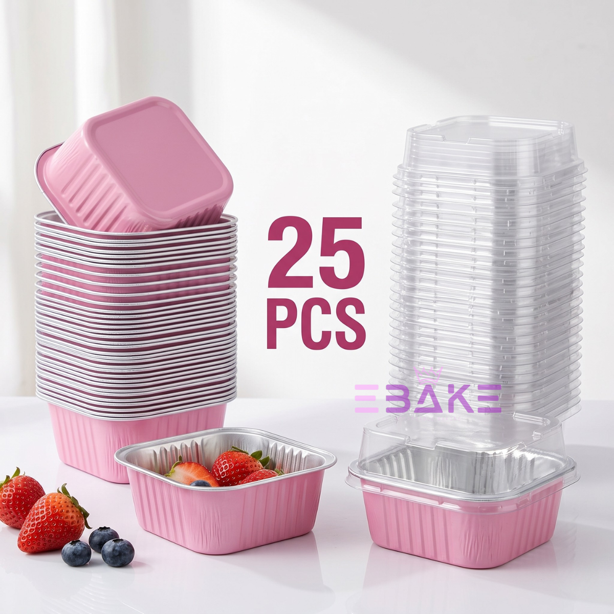 Aluminium  Foil Square Baking Cup With Lid Pink
