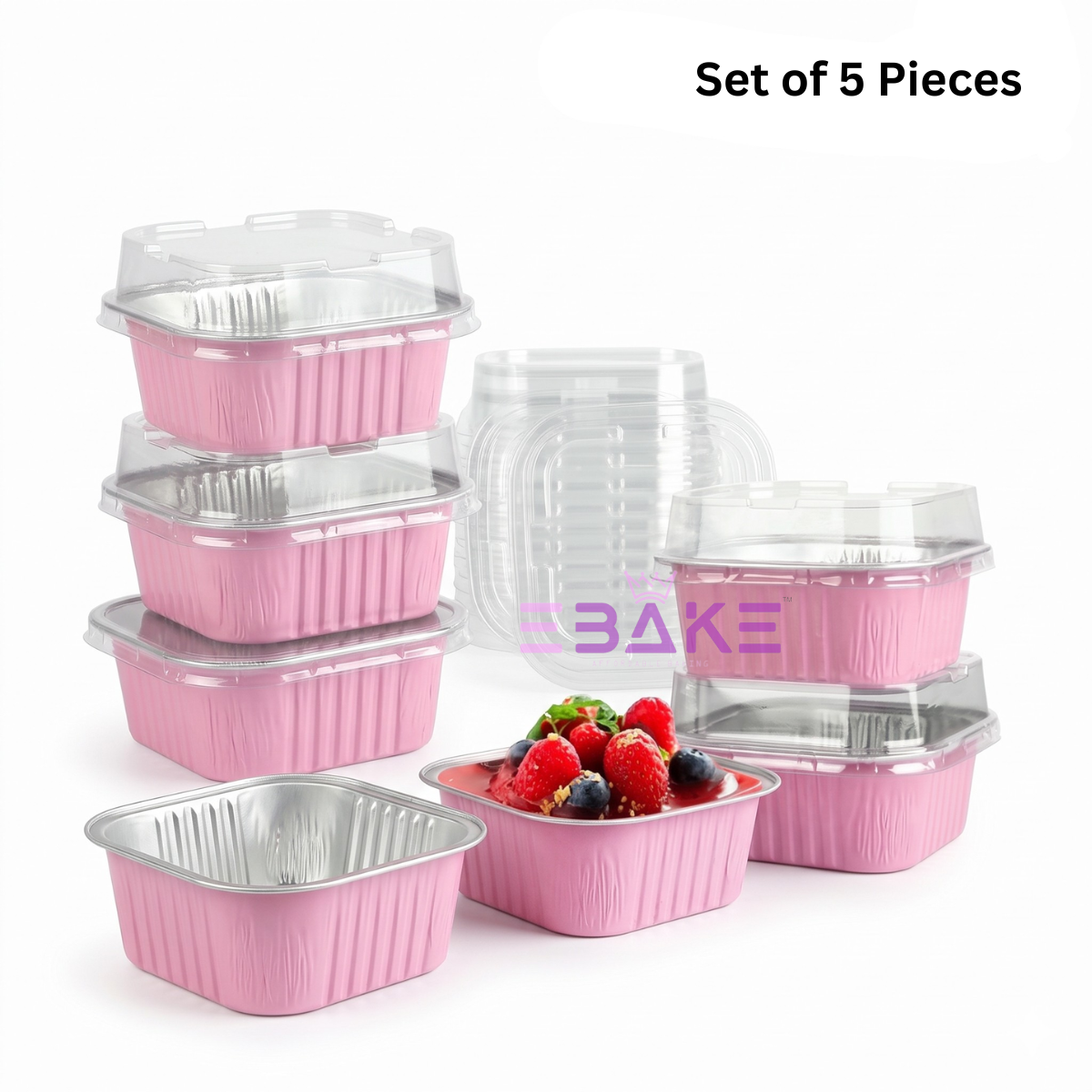 Aluminium  Foil Square Baking Cup With Lid Pink