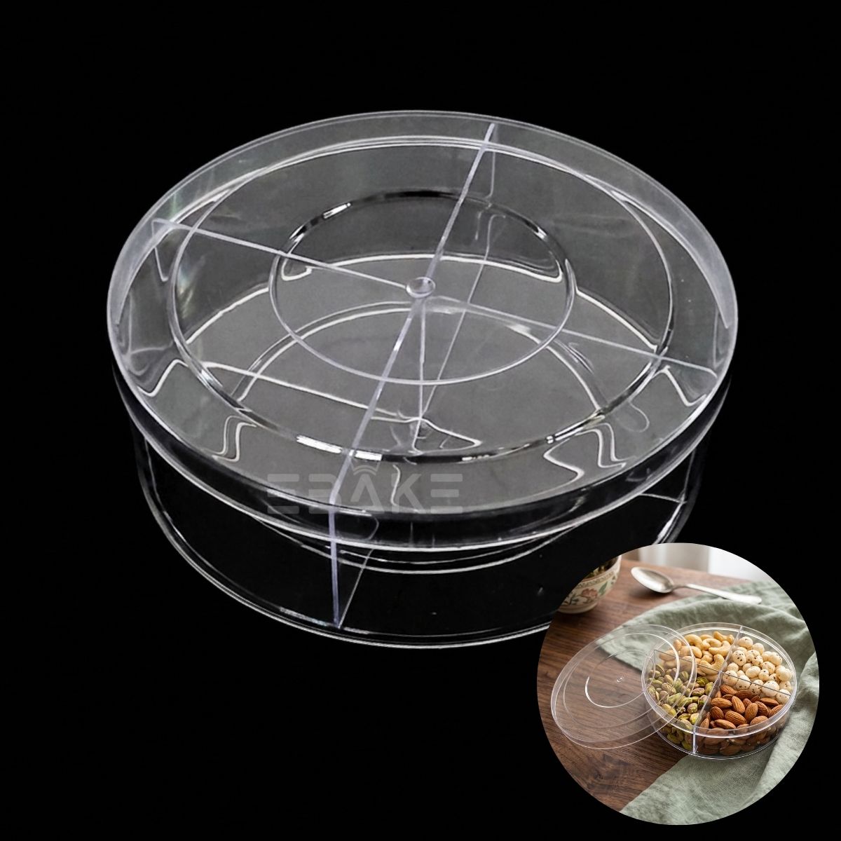 800ml Acrylic Dessert Box With Partition / Cake Tub With 4 Cavity