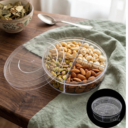 800ml Round Acrylic Dessert Box With Partition / Cake Tub With 4 Cavity 16*4.8cm