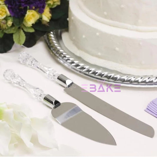 Stainless Steel Cake Knife & Server Set With Crystal Handle for Wedding Cakes