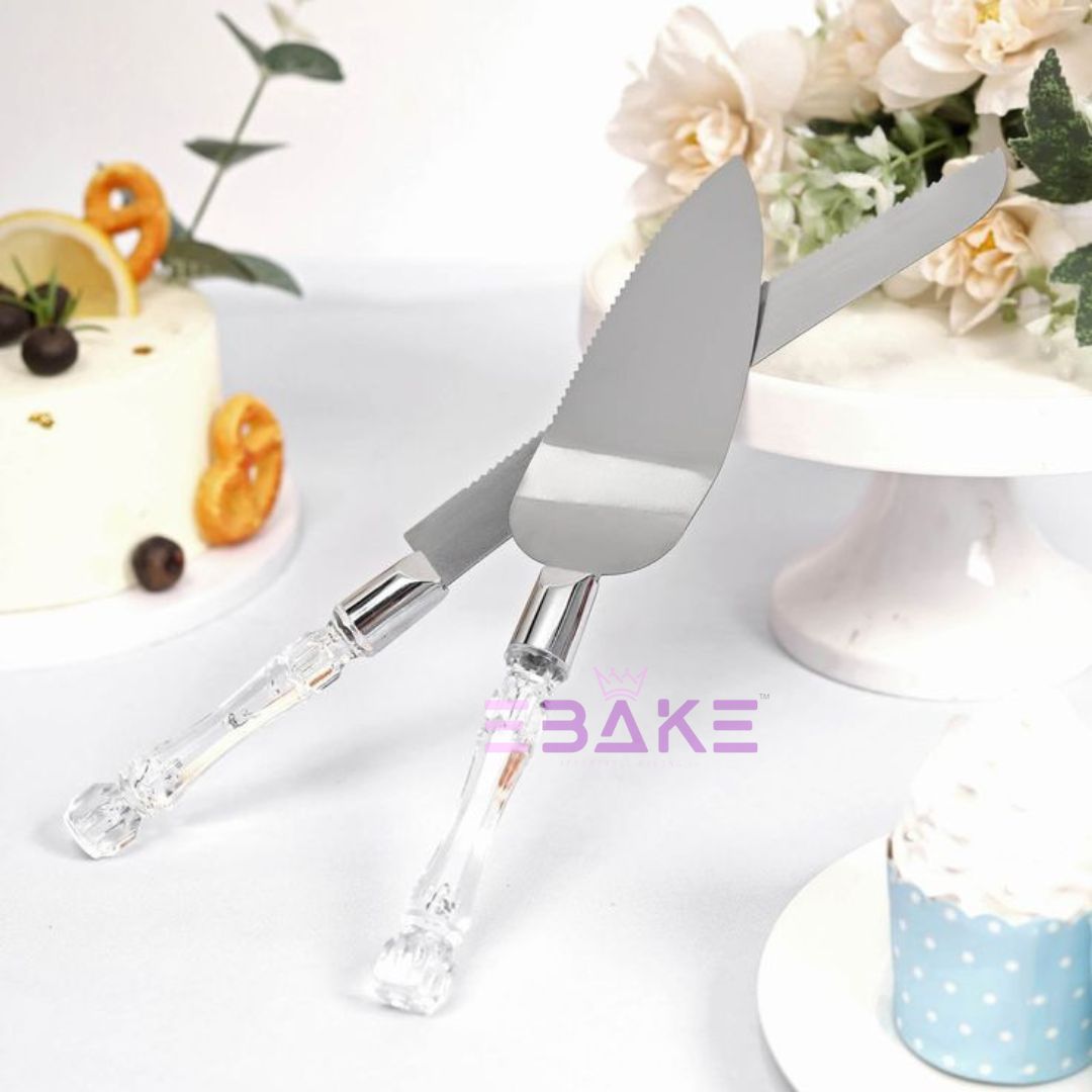 Stainless Steel Cake Knife & Server Set With Crystal Handle for Wedding Cakes