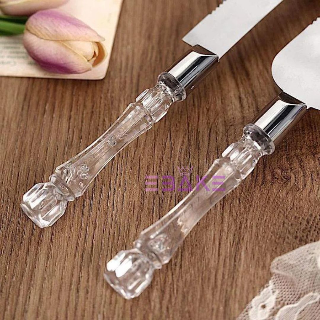 Stainless Steel Cake Knife & Server Set With Crystal Handle for Wedding Cakes