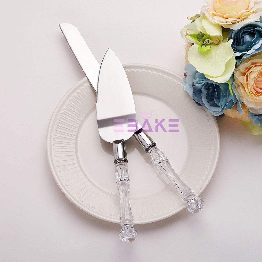 Stainless Steel Cake Knife & Server Set With Crystal Handle for Wedding Cakes