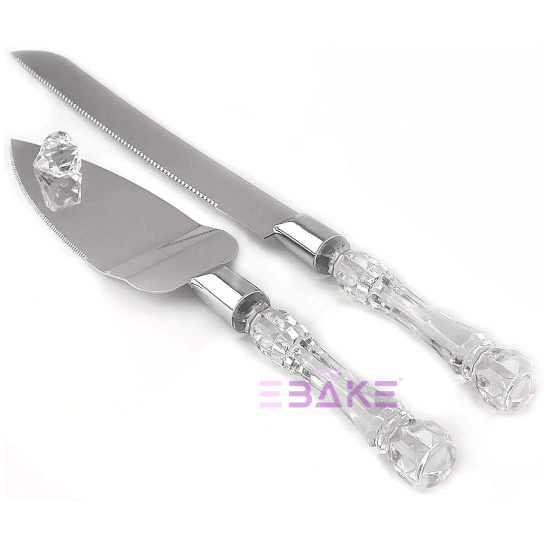 Stainless Steel Cake Knife & Server Set With Crystal Handle for Wedding Cakes