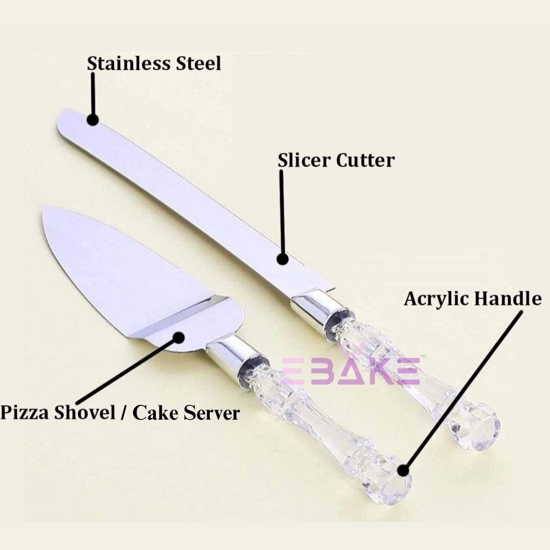 Stainless Steel Cake Knife & Server Set With Crystal Handle for Wedding Cakes