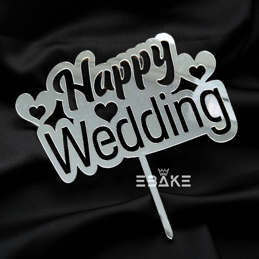 Happy Wedding Cake Topper 5 Inch Silver (Acrylic)