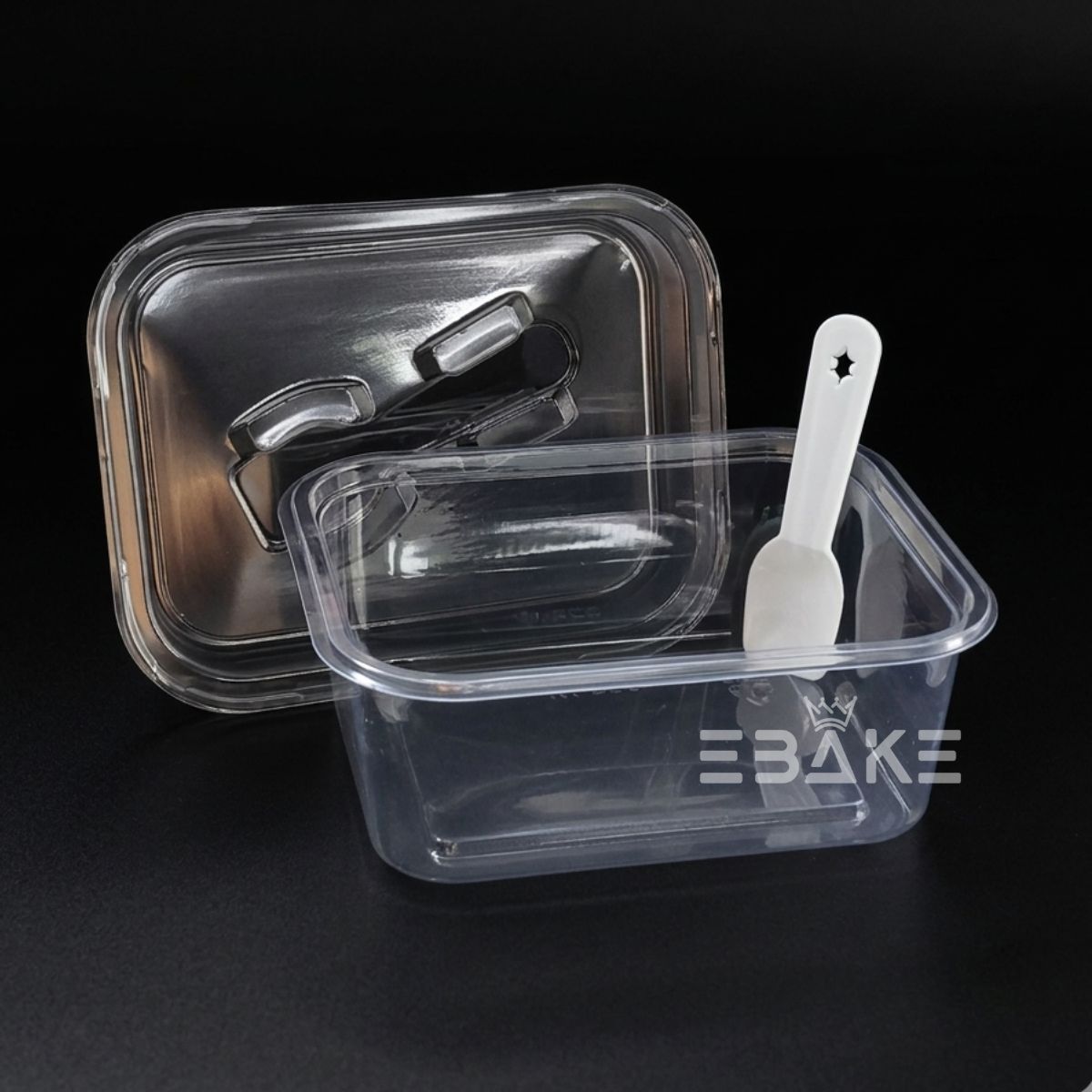 Large Rectangle PET Plastic Disposable Clear Container With Lid & Spoon For Desserts