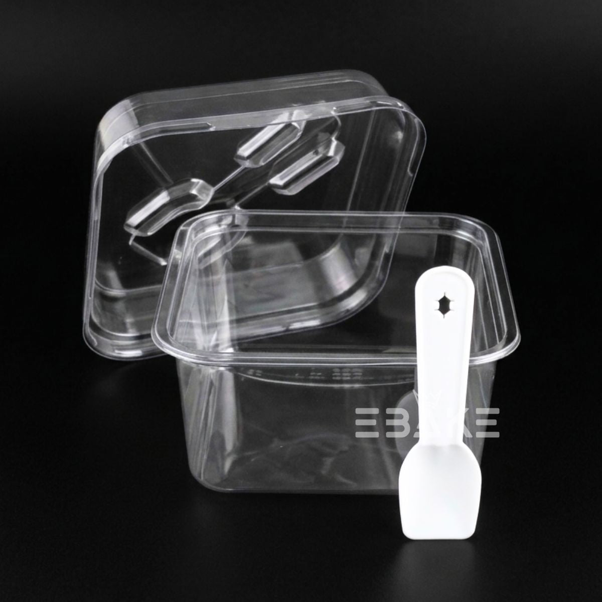 Rounded Square PET Plastic Disposable Clear Container With Lid & Spoon For Desserts