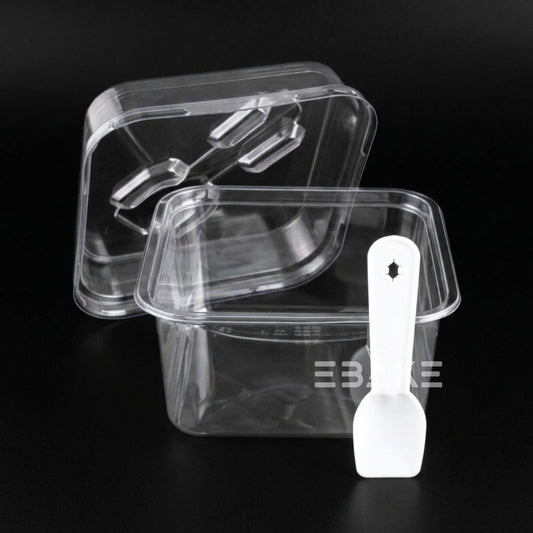 Rounded Square PET Plastic Disposable Clear Container With Lid & Spoon For Desserts