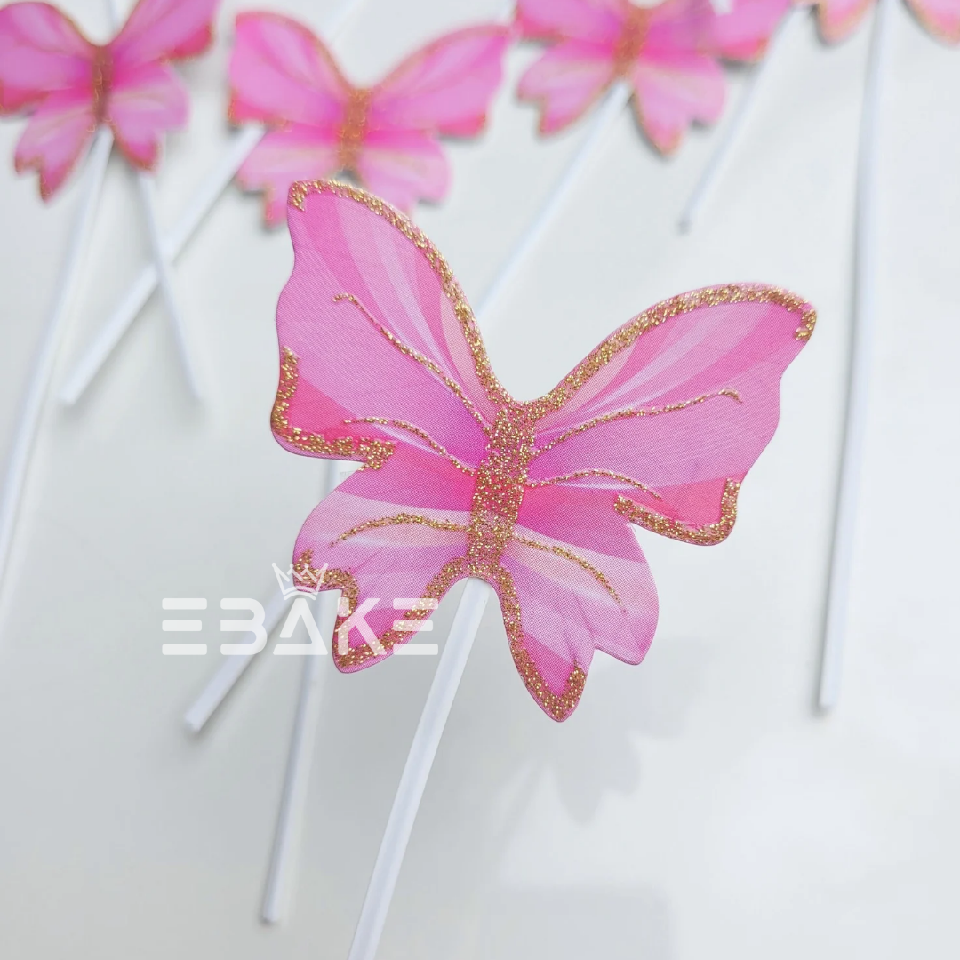 Pink Paper Butterflies Twistable Stick With Gold Glitter - Foldable