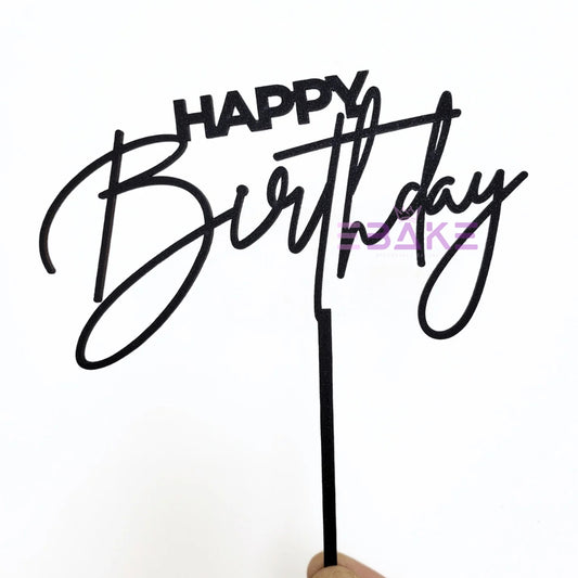 Happy Birthday Cake Topper Black Shimmer MDF