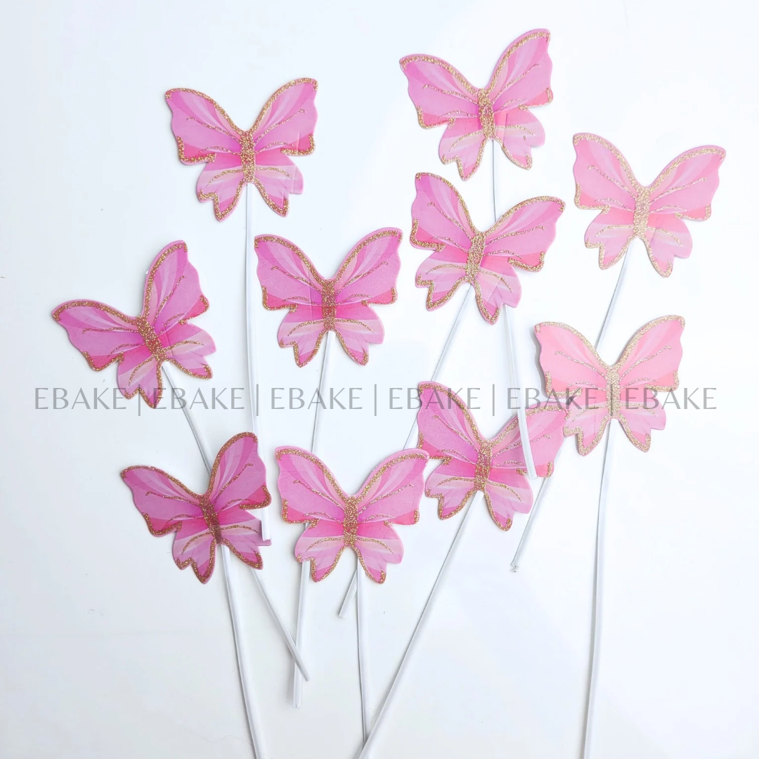 Pink Paper Butterflies Twistable Stick With Gold Glitter - Foldable