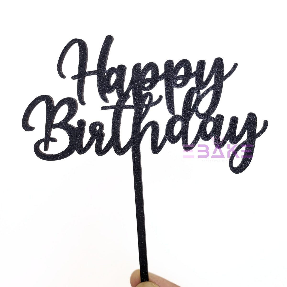Happy Birthday Cake Topper Black Shimmer MDF