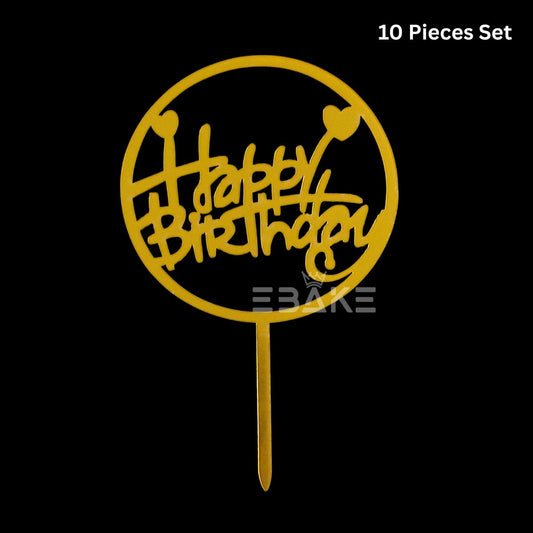 Happy Birthday Cake Topper 6inch Golden (Set of 10)