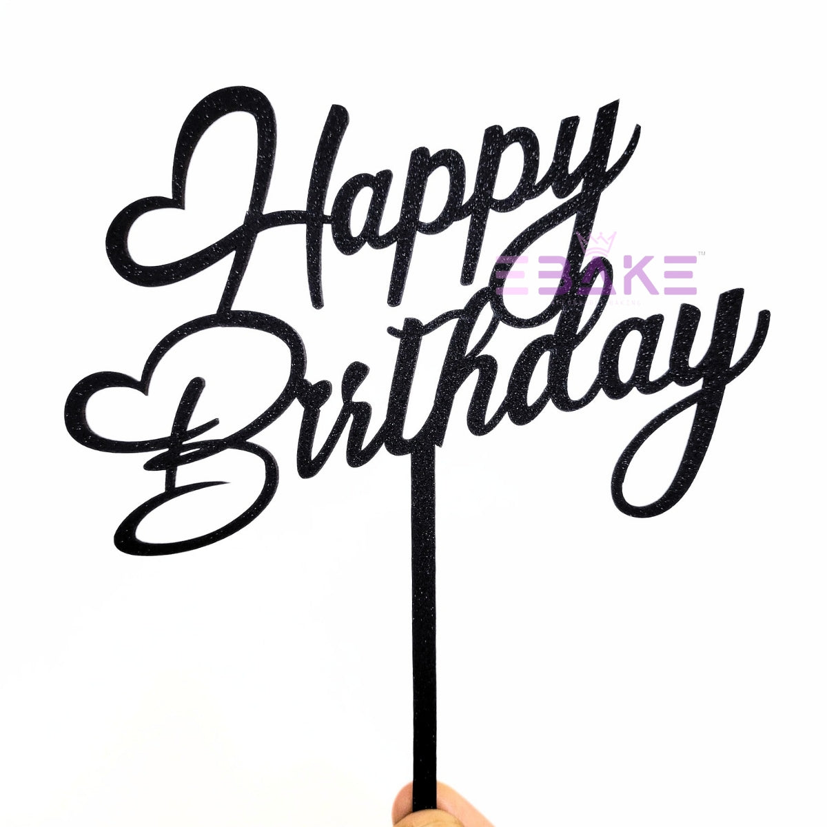 Happy Birthday Cake Topper Black Shimmer MDF