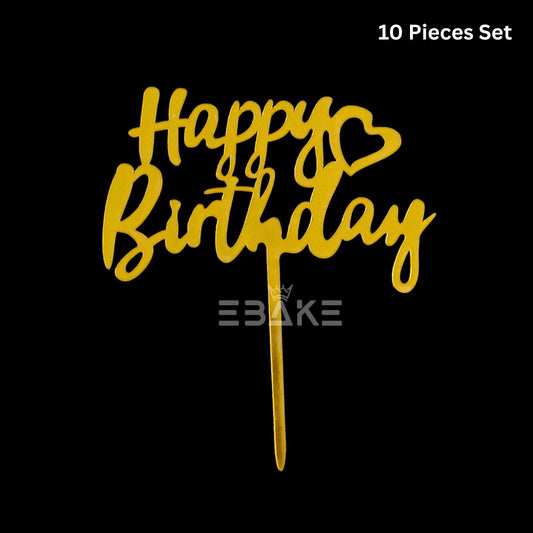 Happy Birthday Cake Topper 6inch Golden (Set of 10)