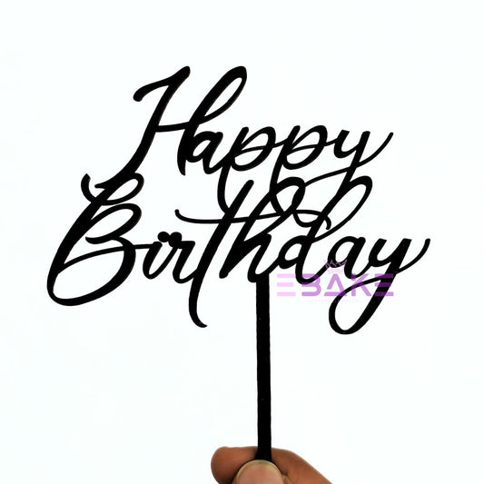 Happy Birthday Cake Topper Black Shimmer MDF