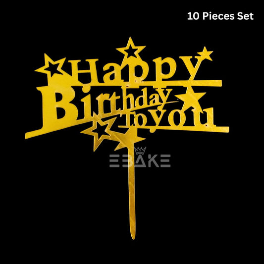 Happy Birthday Cake Topper 6inch Golden (Set of 10)