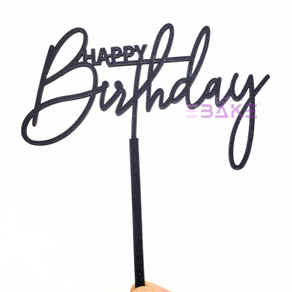 Happy Birthday Cake Topper Black Shimmer MDF