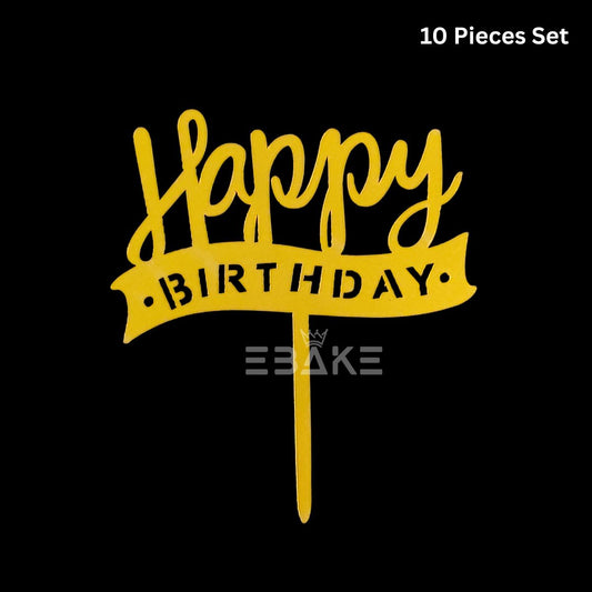 Happy Birthday Cake Topper 6inch Golden (Set of 10)