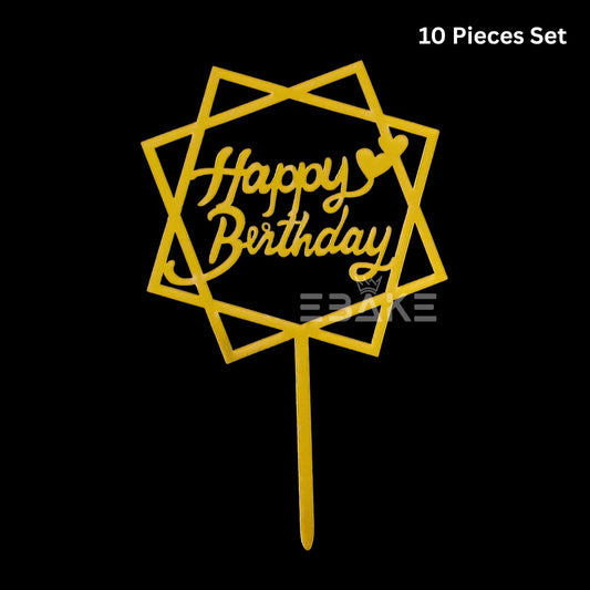 Happy Birthday Cake Topper 6inch Golden (Set of 10)