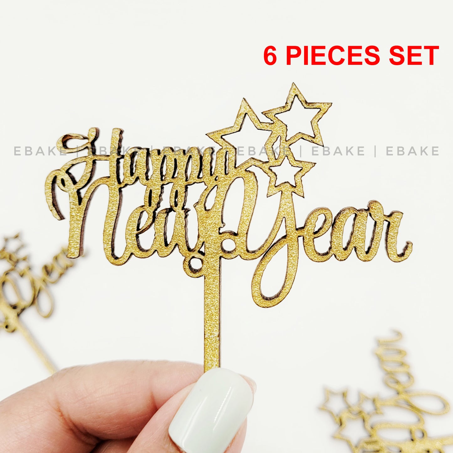 Happy New Year Mini Topper Gold Glitter (Set of 6) MDF