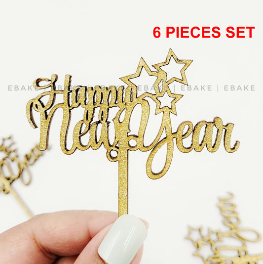 Happy New Year Mini Topper Gold Glitter (Set of 6) MDF