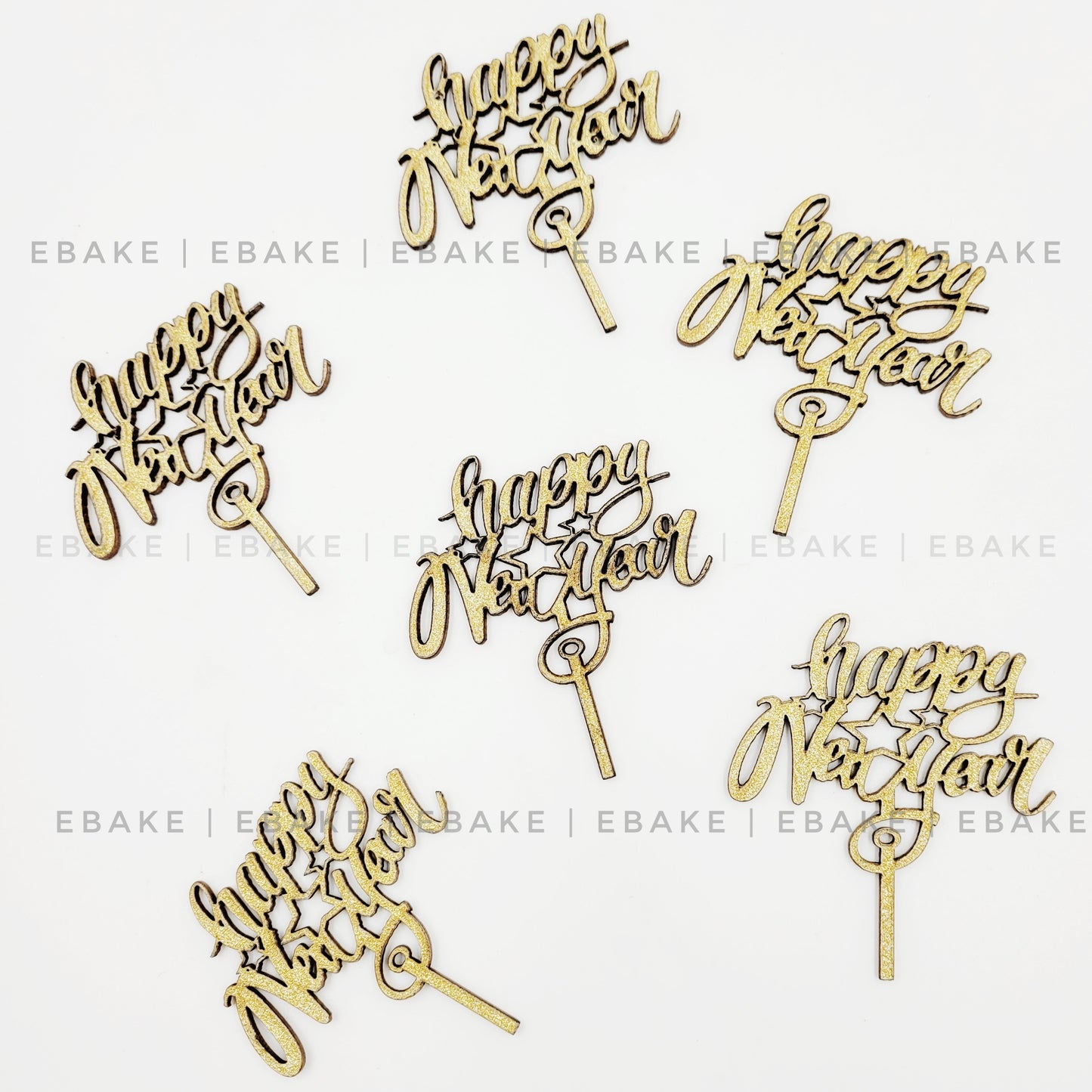 Happy New Year Mini Topper Gold Glitter (Set of 6) MDF