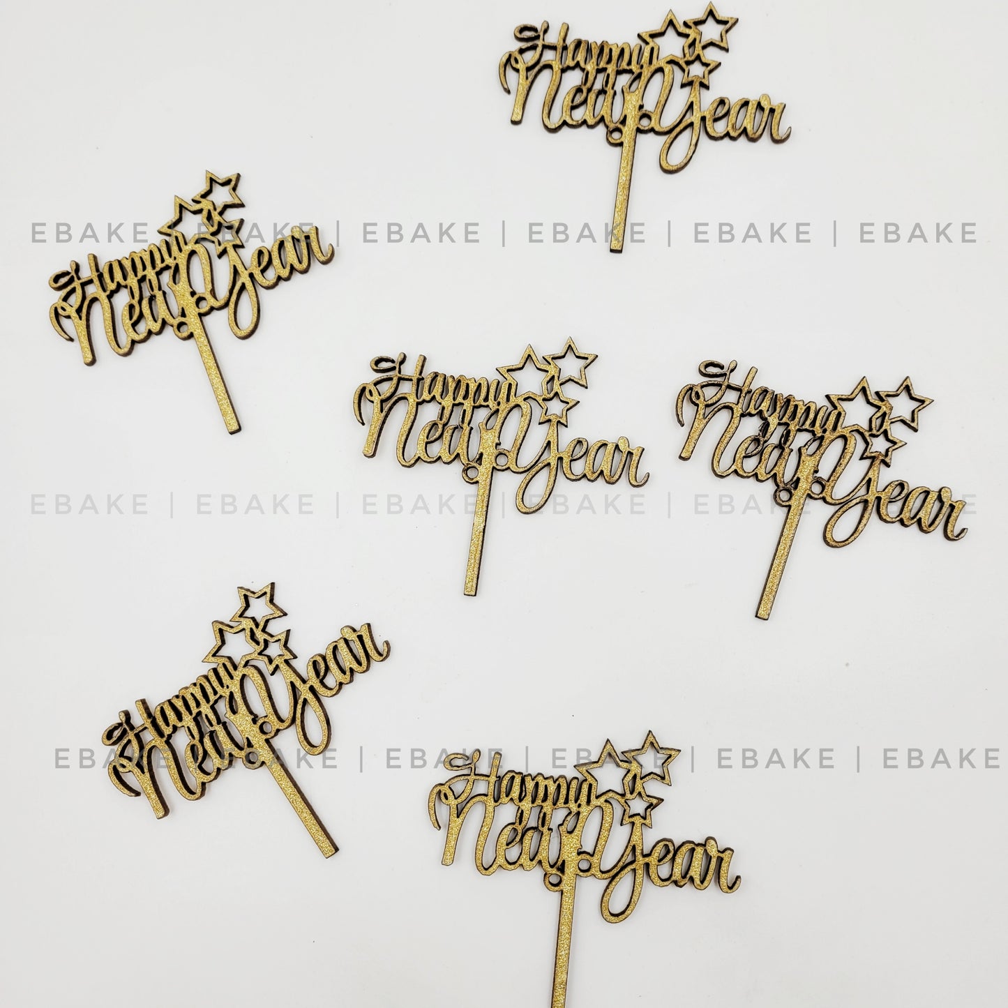 Happy New Year Mini Topper Gold Glitter (Set of 6) MDF