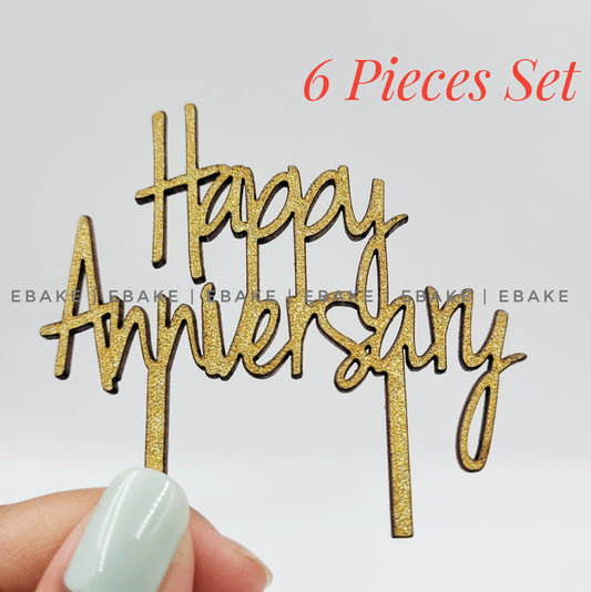 Happy Anniversary Mini Topper Gold Glitter (Set of 6) MDF