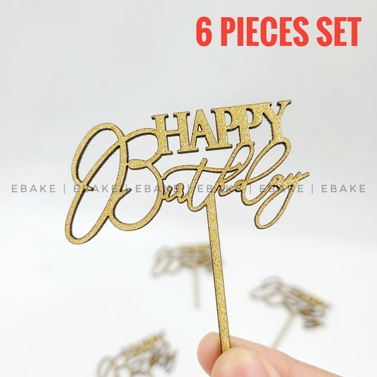 Happy Birthday Mini Topper Gold Glitter (Set of 6) MDF