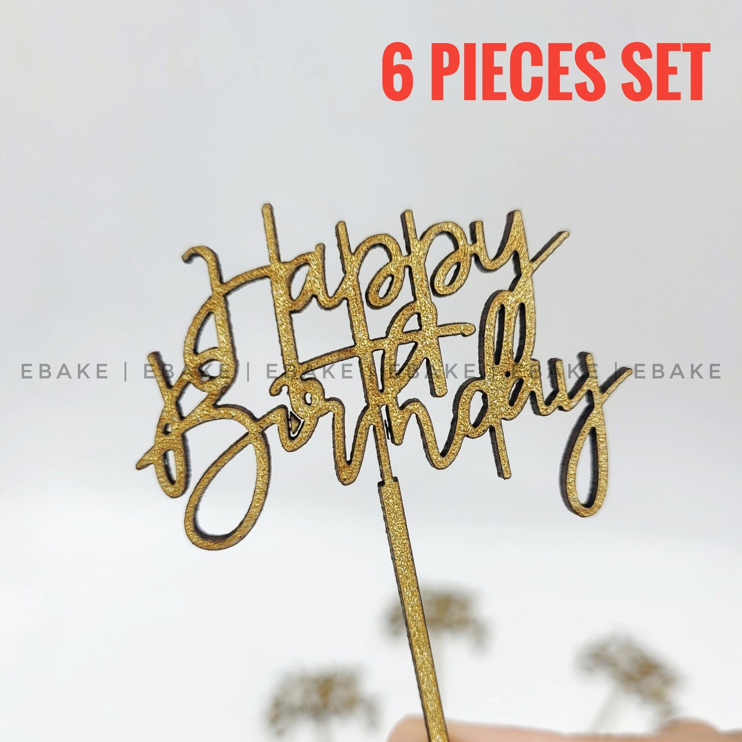 Happy Birthday Mini Topper Gold Glitter (Set of 6) MDF